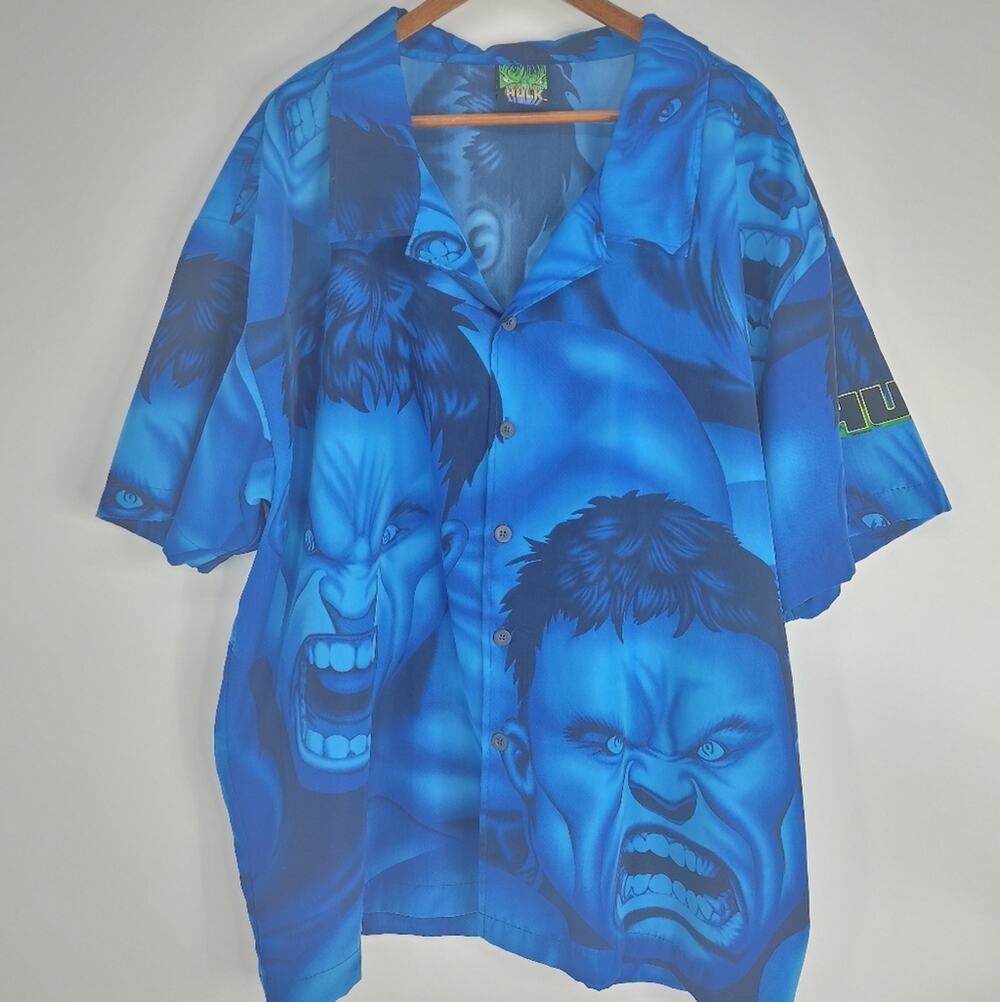 Marvel The Incredible Hulk Vintage Y2K 2002 Blue Button Down Collared Shirt XL